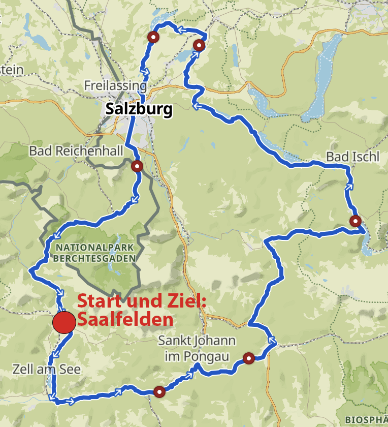 Rennradstrecke rund um Saalfelden mit 302 km Länge und 3425 Höhenmetern für Extremtour